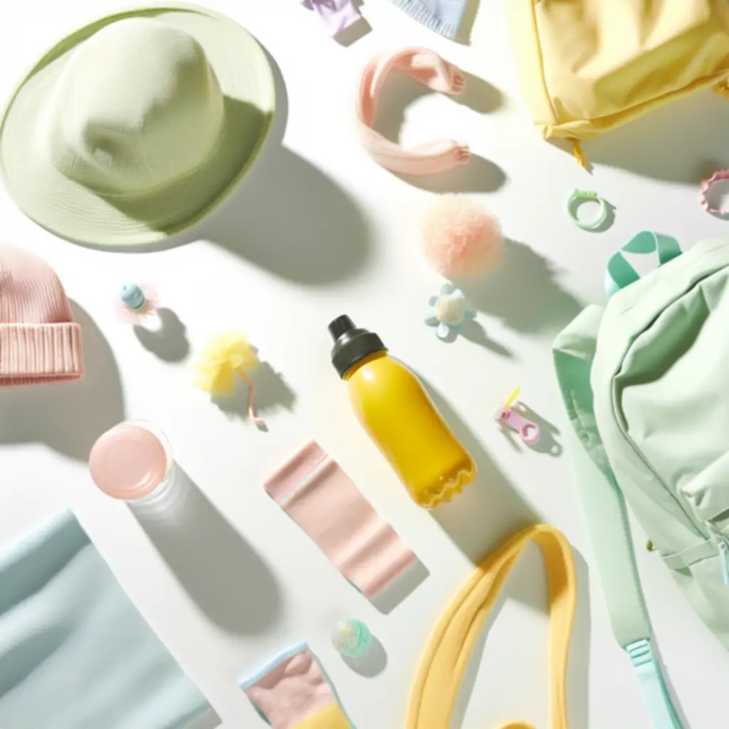 Pastelowe akcesoria dziecięce ułożone na płasko: czapki, plecaki i opaski