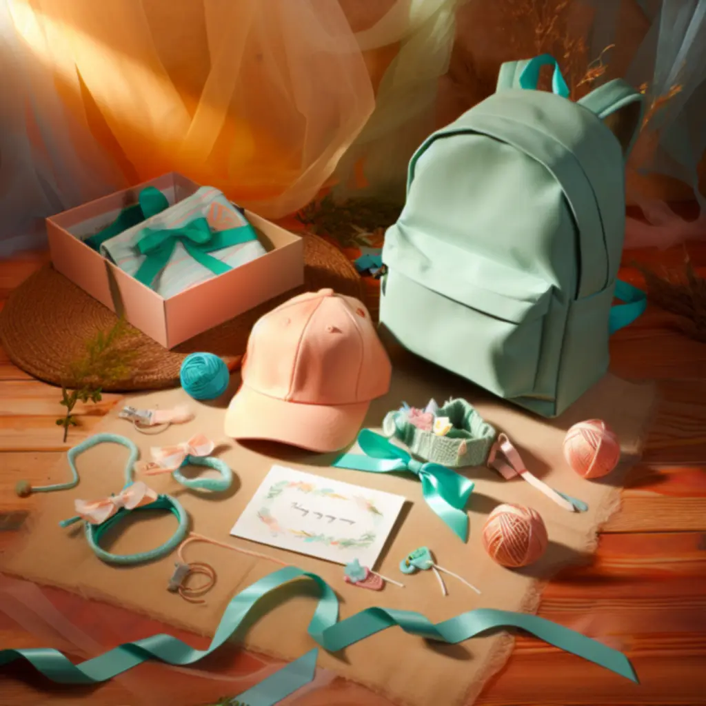 Zestaw prezentowy akcesoriów dziecięcych rozłożony obok pastelowego pudełka