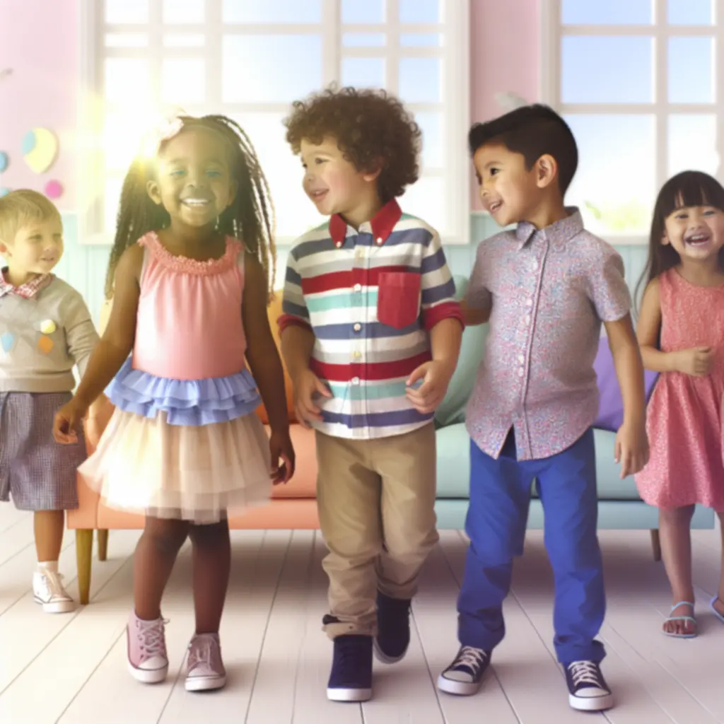 Uśmiechnięte dzieci w kolorowych ubrankach w przytulnym, domowym wnętrzu