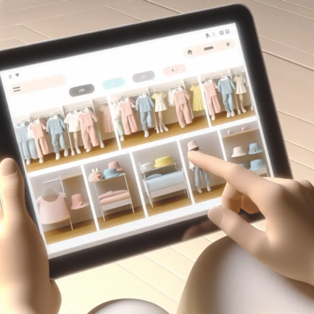 Zbiór kart produktowych prezentujących ubranka dziecięce w pastelowych kolorach