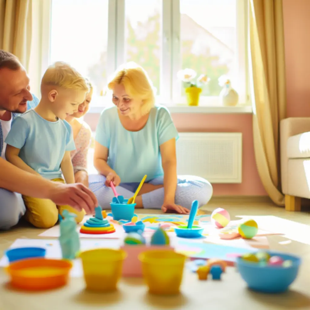 Rodzina ucząca się i bawiąca razem w domu